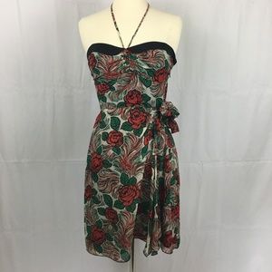 Anna Sui Rose Print Strapless Silk Chiffon Dress 0